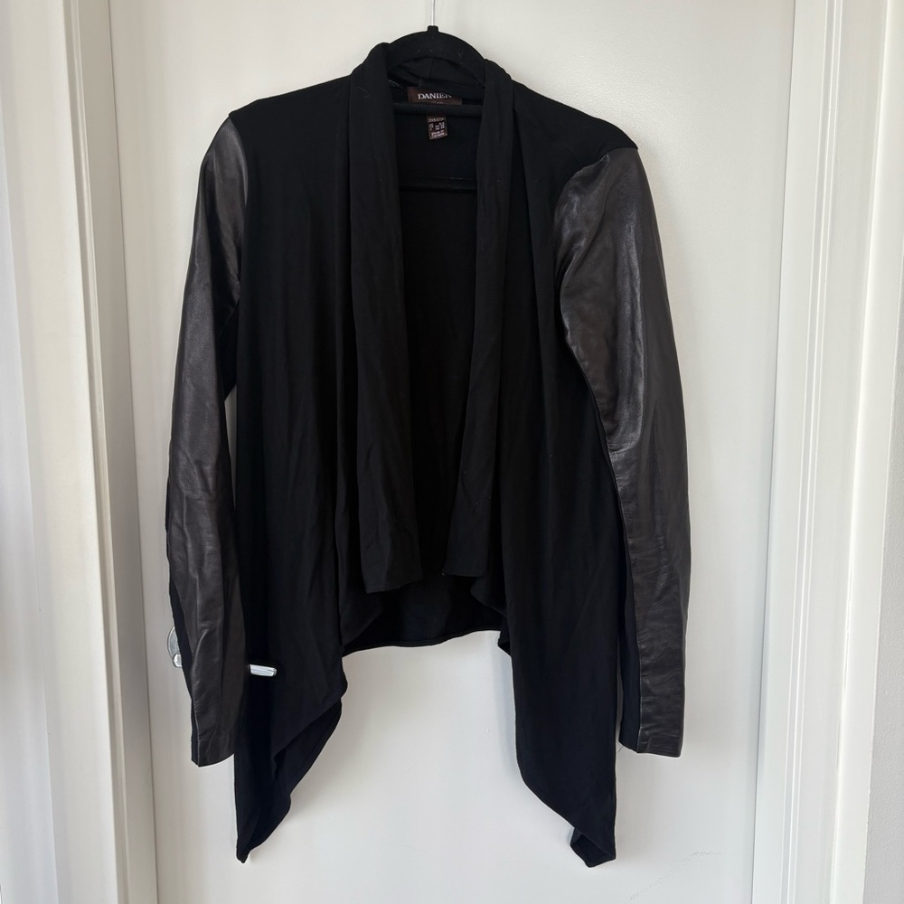 DANIER Black Draped Jacket with Leather Sleeves Size XXS